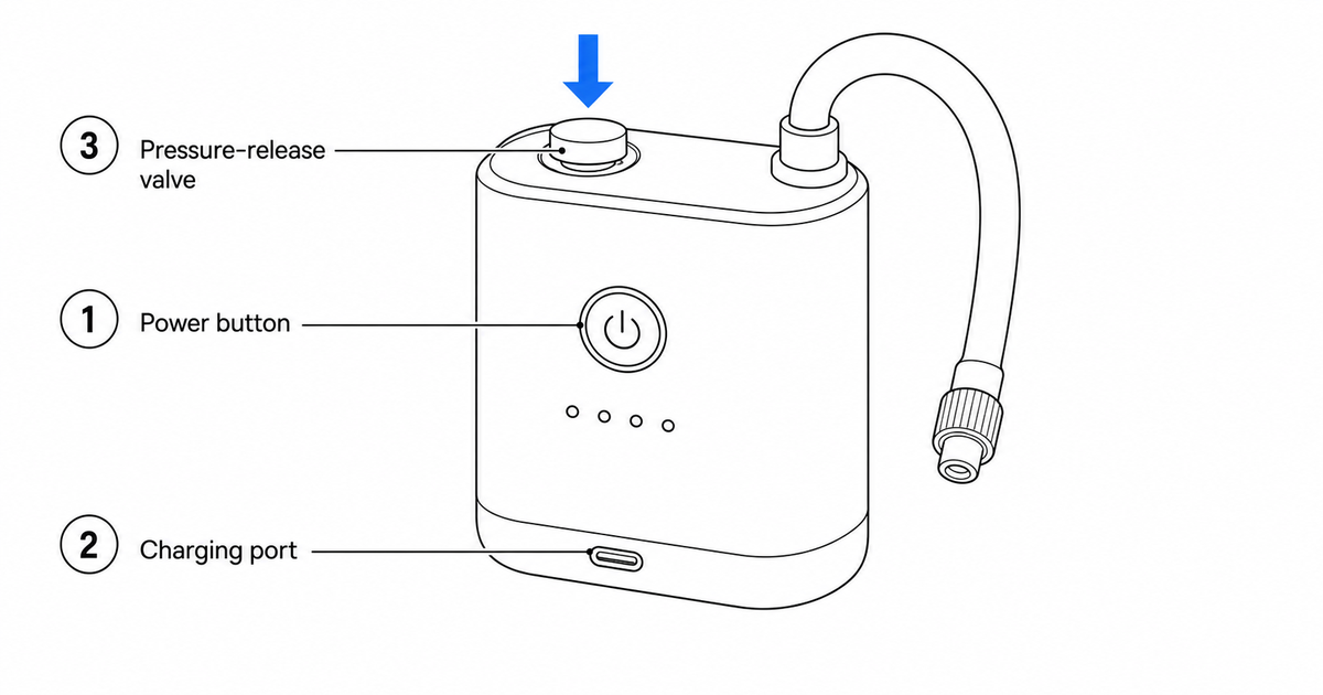A product photo converted to clean manual line art with numbered callouts