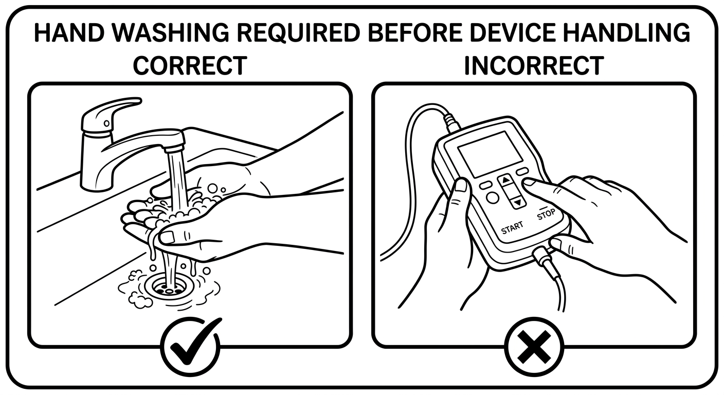 Correct versus incorrect IFU comparison panel showing hand washing before device handling