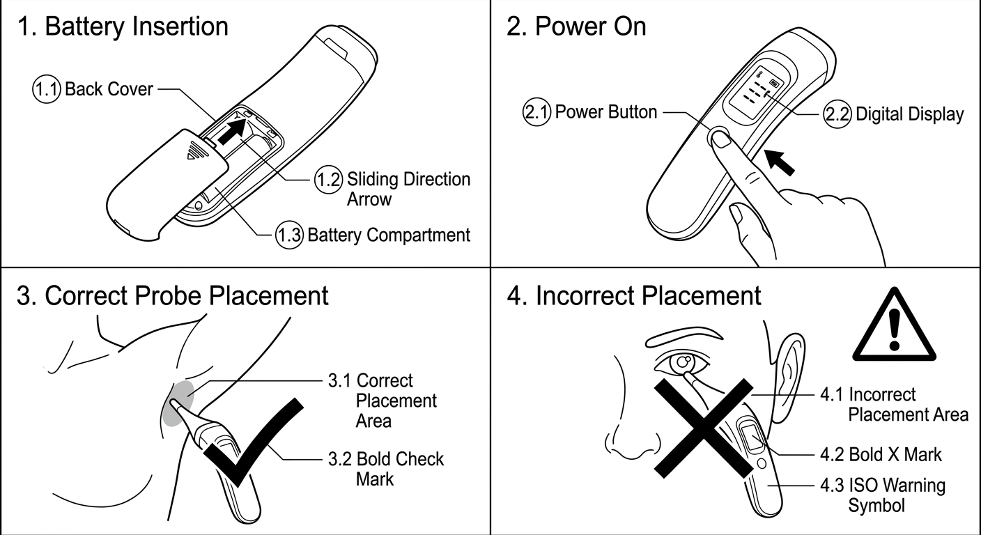 Four-panel IFU illustration example with numbered callouts, arrows, check and cross marks, and warning symbol