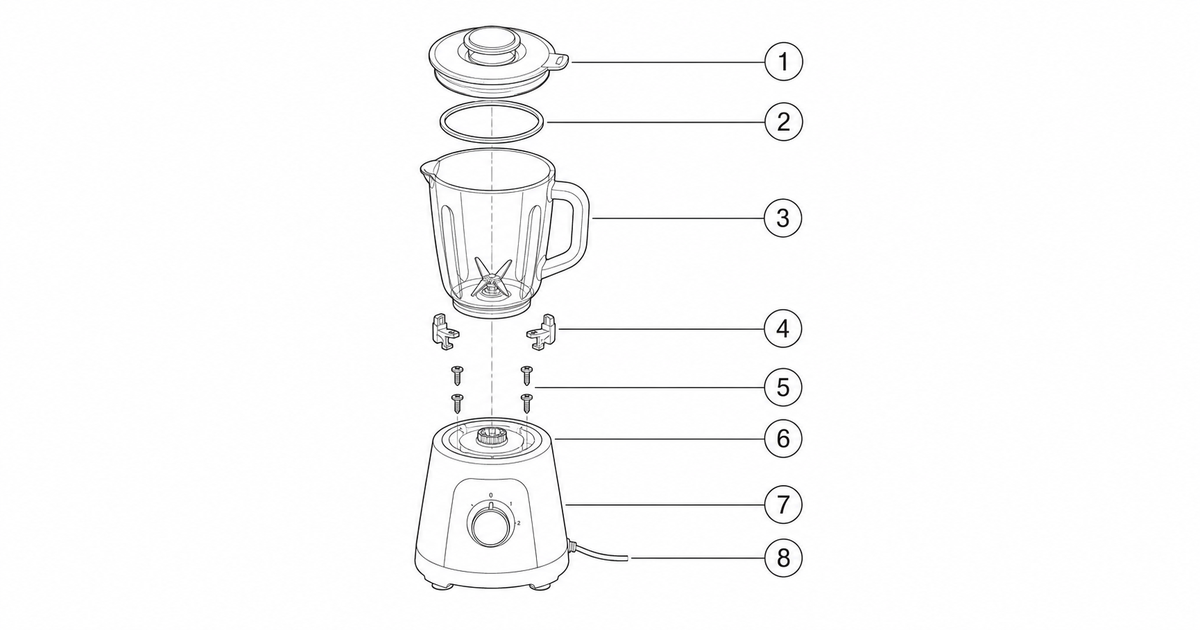 An exploded view line drawing with numbered balloons and leader lines
